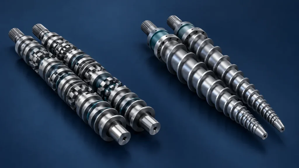 Conceptual comparison of parallel modular extrusion screws and a tapered pair of extrusion screws on a navy background.