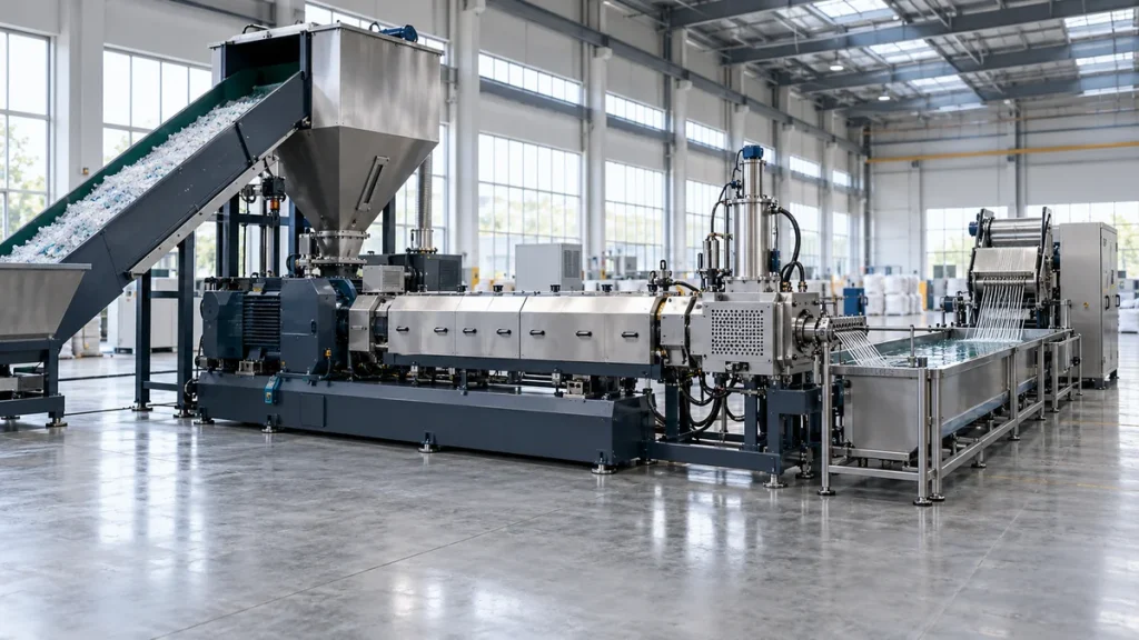 Plastic pelletizing extrusion line with a hopper, cooling equipment and stainless steel process units