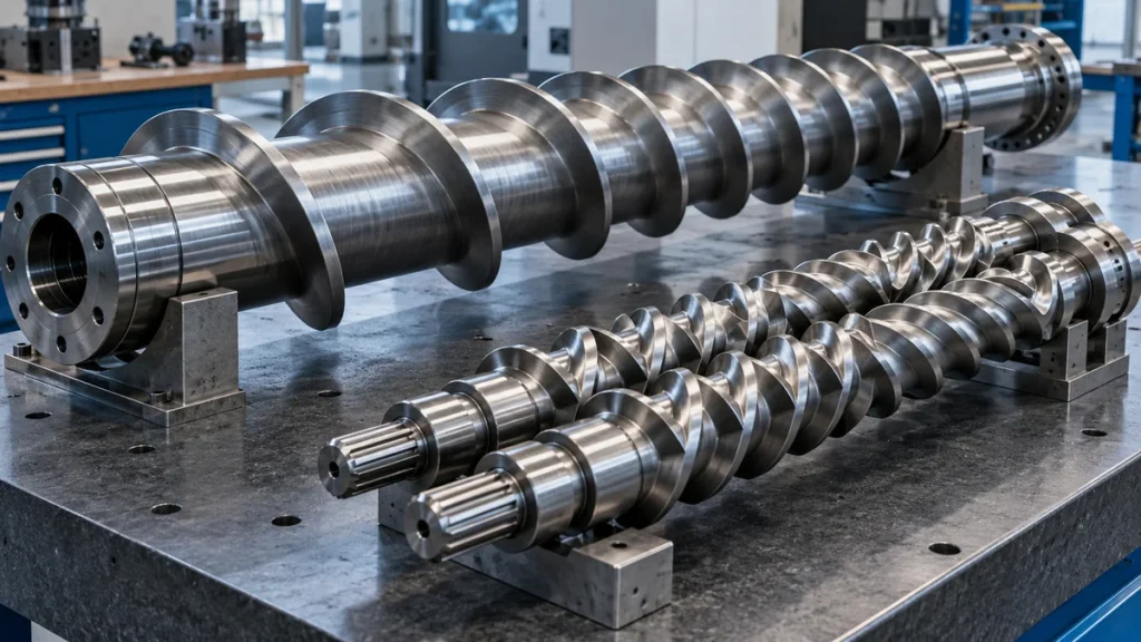 Single extrusion screw and a pair of intermeshing twin screws on an industrial inspection bench