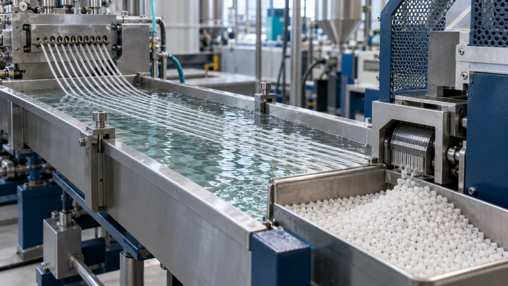Polymer strands passing through a stainless steel cooling bath toward a guarded pellet cutter