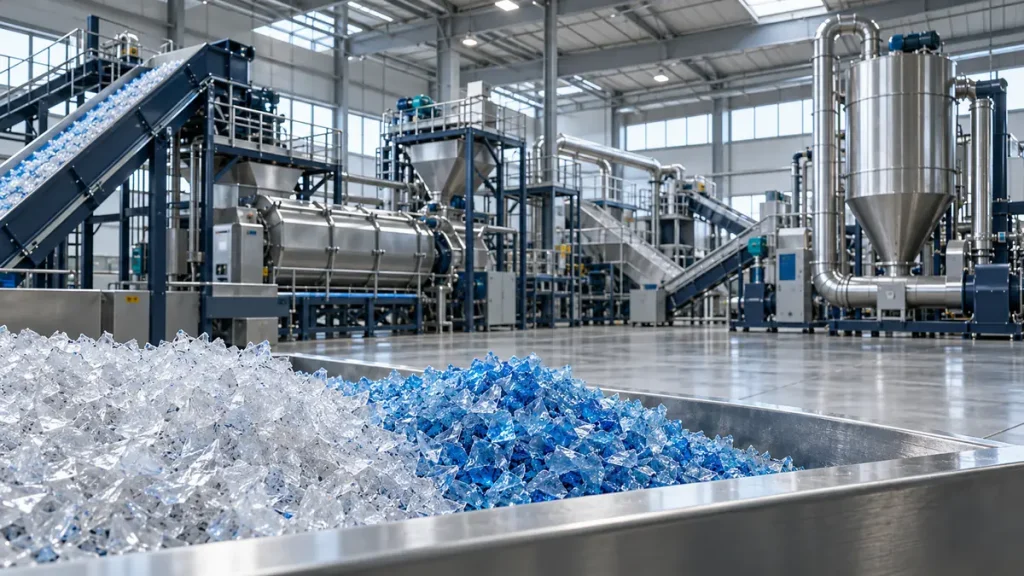 Stainless steel PET bottle washing line with conveyors, tanks and a sample of clear and blue plastic flakes