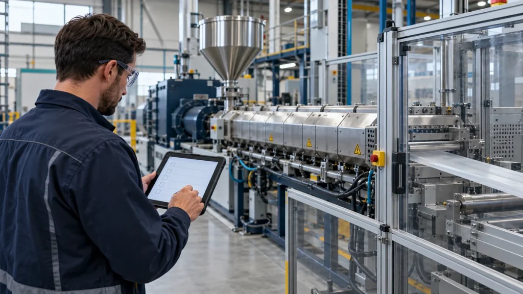 Engineer reviewing a tablet beside a guarded plastic extrusion line during a factory inspection