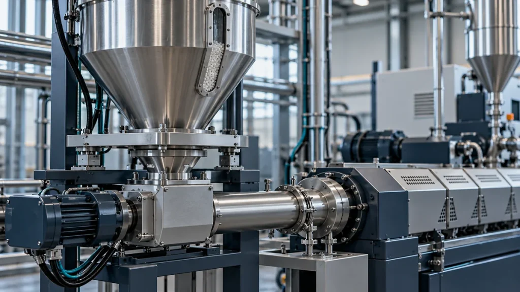 Loss-in-weight feeding hopper and guarded screw feeder connected to a plastic extrusion system