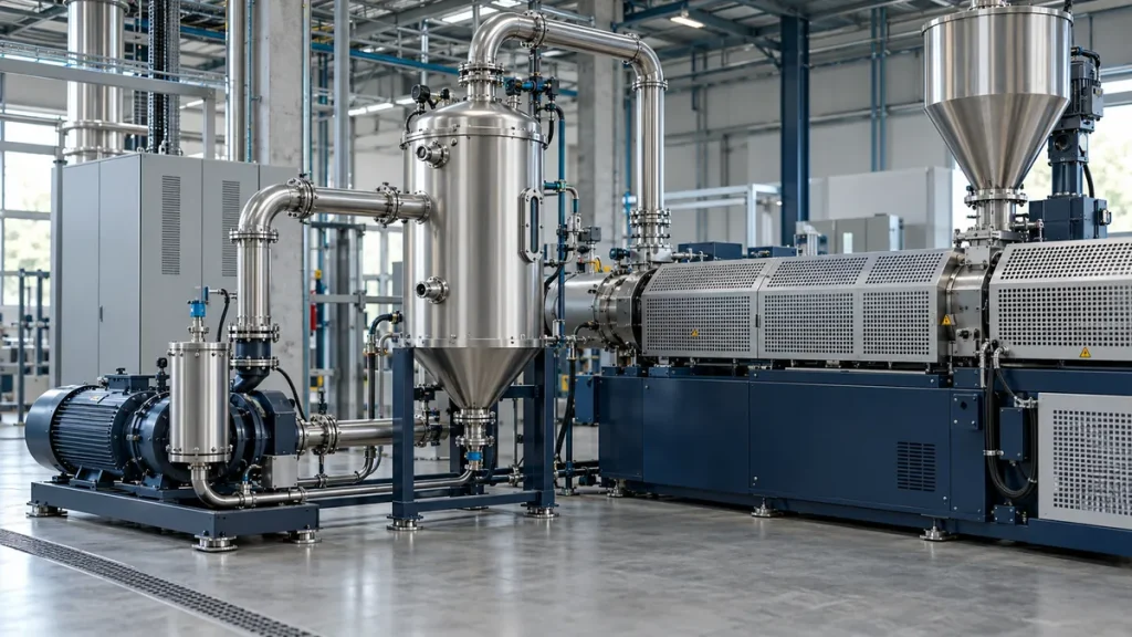Industrial extrusion vacuum degassing assembly with stainless steel pipework, separator vessel and guarded process equipment
