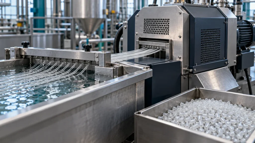 Parallel polymer strands entering a guarded strand pelletizer beside a tray of cylindrical plastic pellets