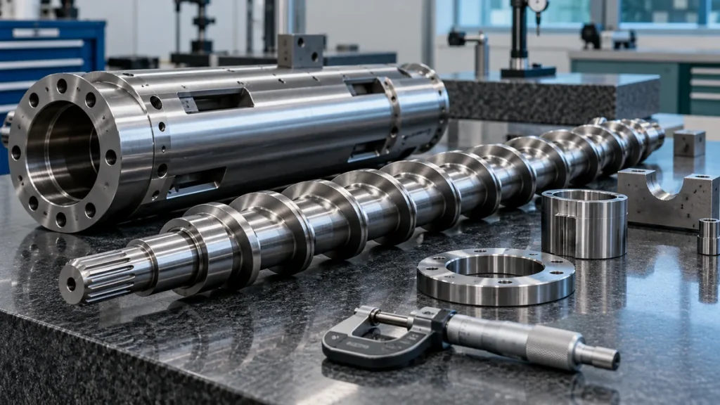 Extrusion screw and barrel components on a clean metrology bench with precision measuring instruments