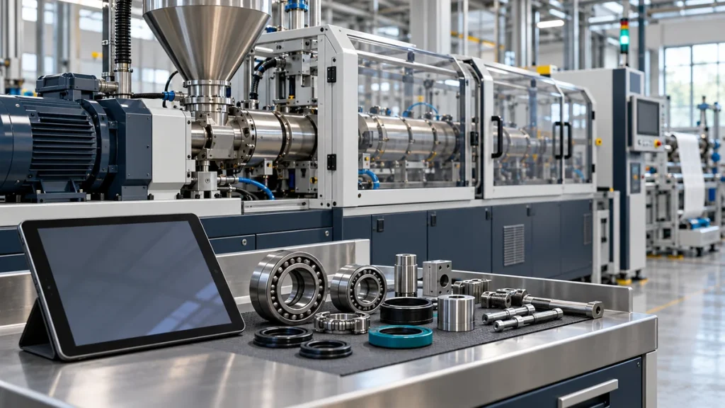 Guarded plastic extrusion equipment with a neatly arranged maintenance planning tablet and identified mechanical spare components