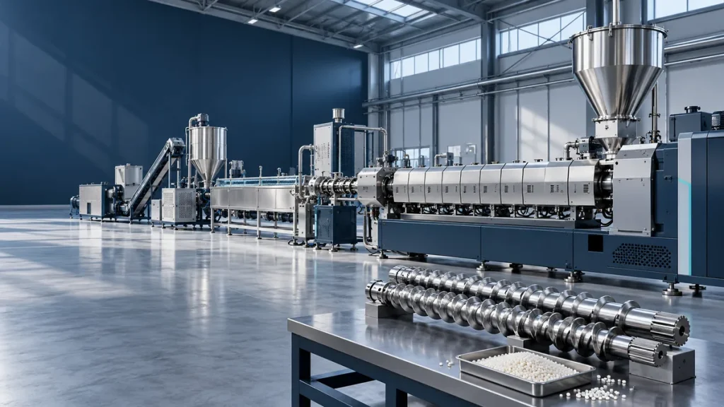 Conceptual plastic extrusion and pelletizing hall with a stainless steel hopper, modular extruder and twin screws on an inspection bench.