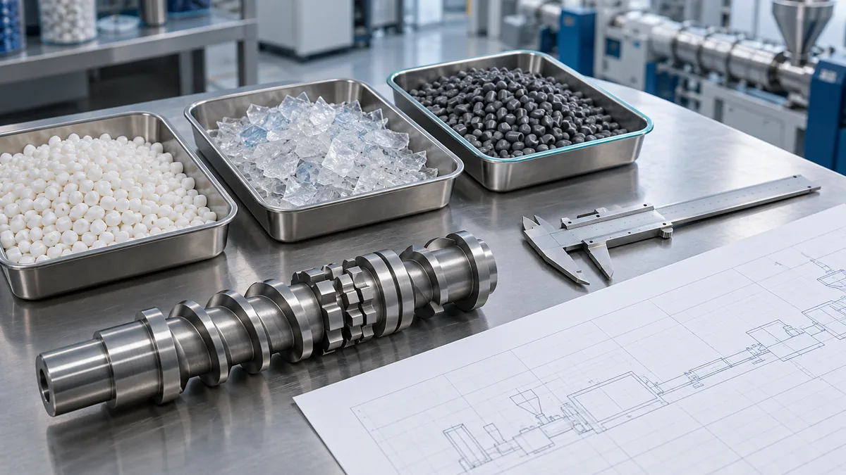 Natural plastic pellets, translucent PET flakes and dark compounded pellets beside an extrusion screw segment and a caliper.
