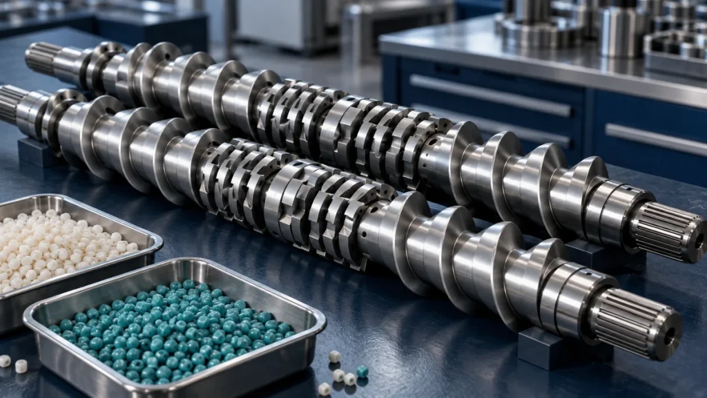 Two modular extruder screw shafts with conveying flights and kneading discs beside trays of white and teal plastic pellets.