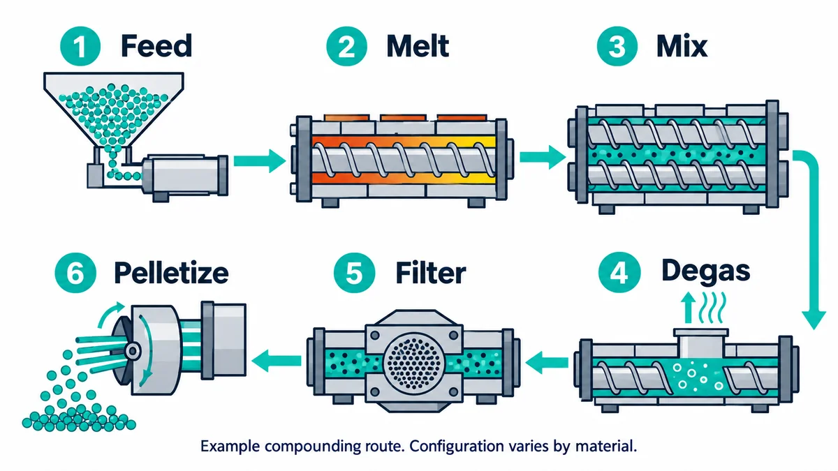 Twin screw compounding flow diagram showing feed, melt, mix, degas, filter and pelletize in sequence.