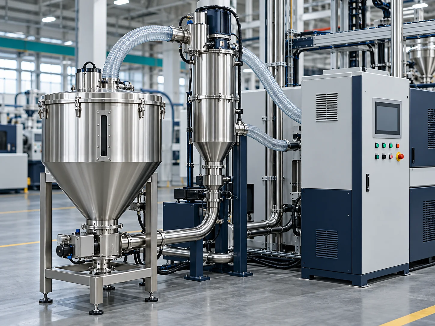 Stainless steel hopper and material conveying equipment beside a plastic processing line