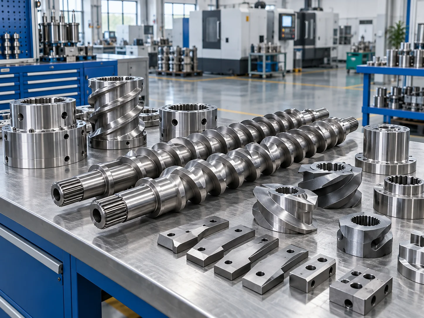 Extruder screw elements, cutting blades and machined wear parts arranged on a workbench