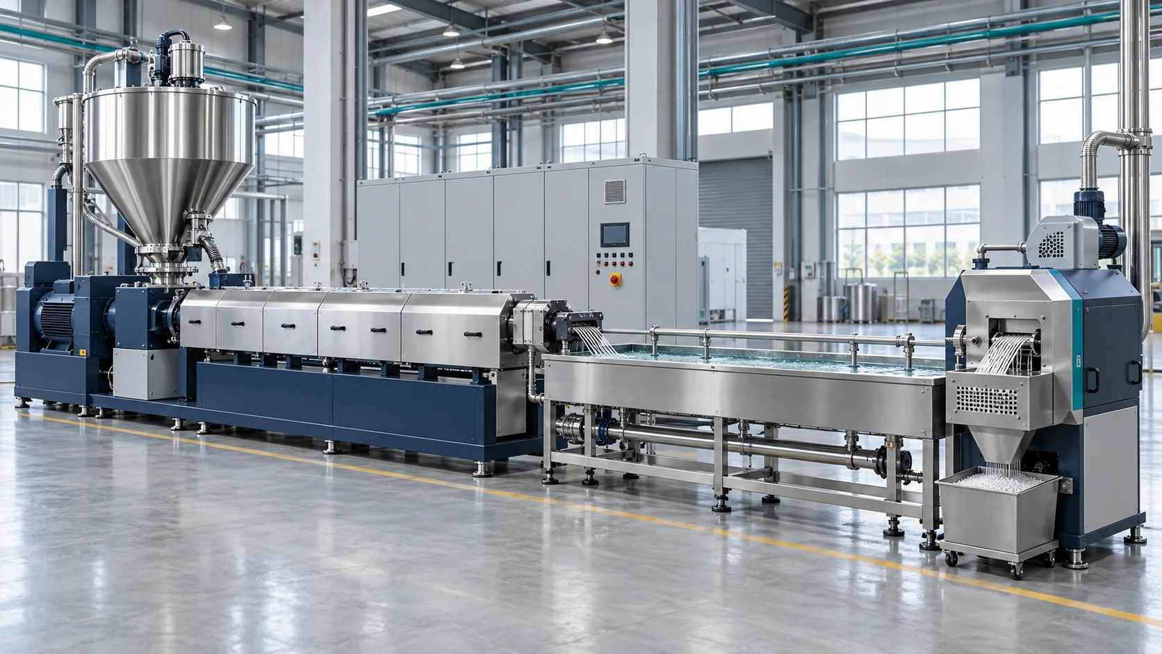 Complete plastic extrusion and pelletizing line with feeding hopper, cooling trough and pellet cutter