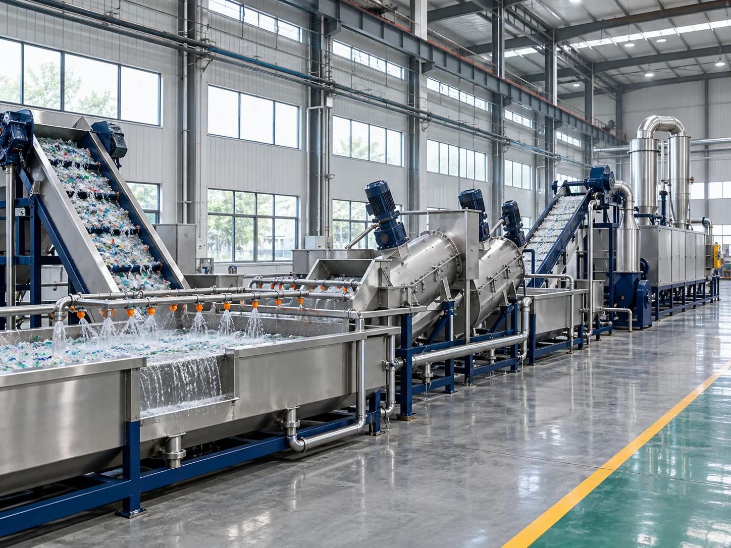 Stainless steel plastic washing and drying equipment in a clean industrial workshop