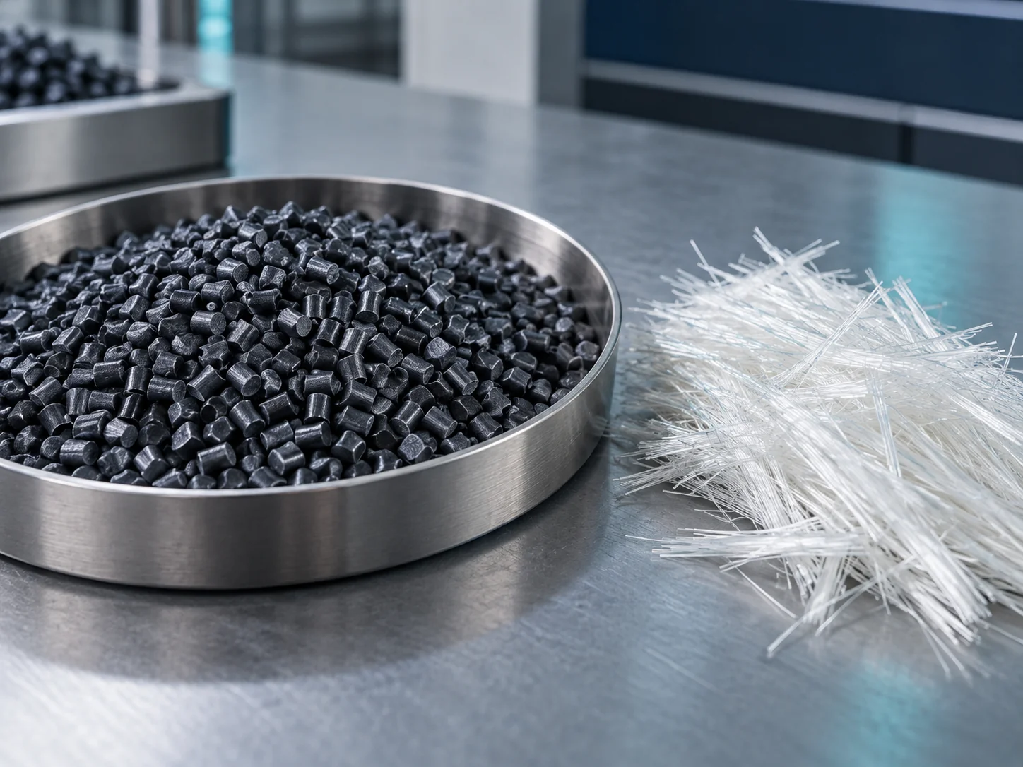 Dark engineering plastic pellets beside a small bundle of glass fibre strands