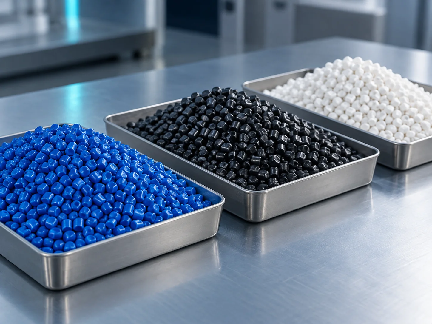 Separate samples of coloured masterbatch pellets and white filler compound pellets