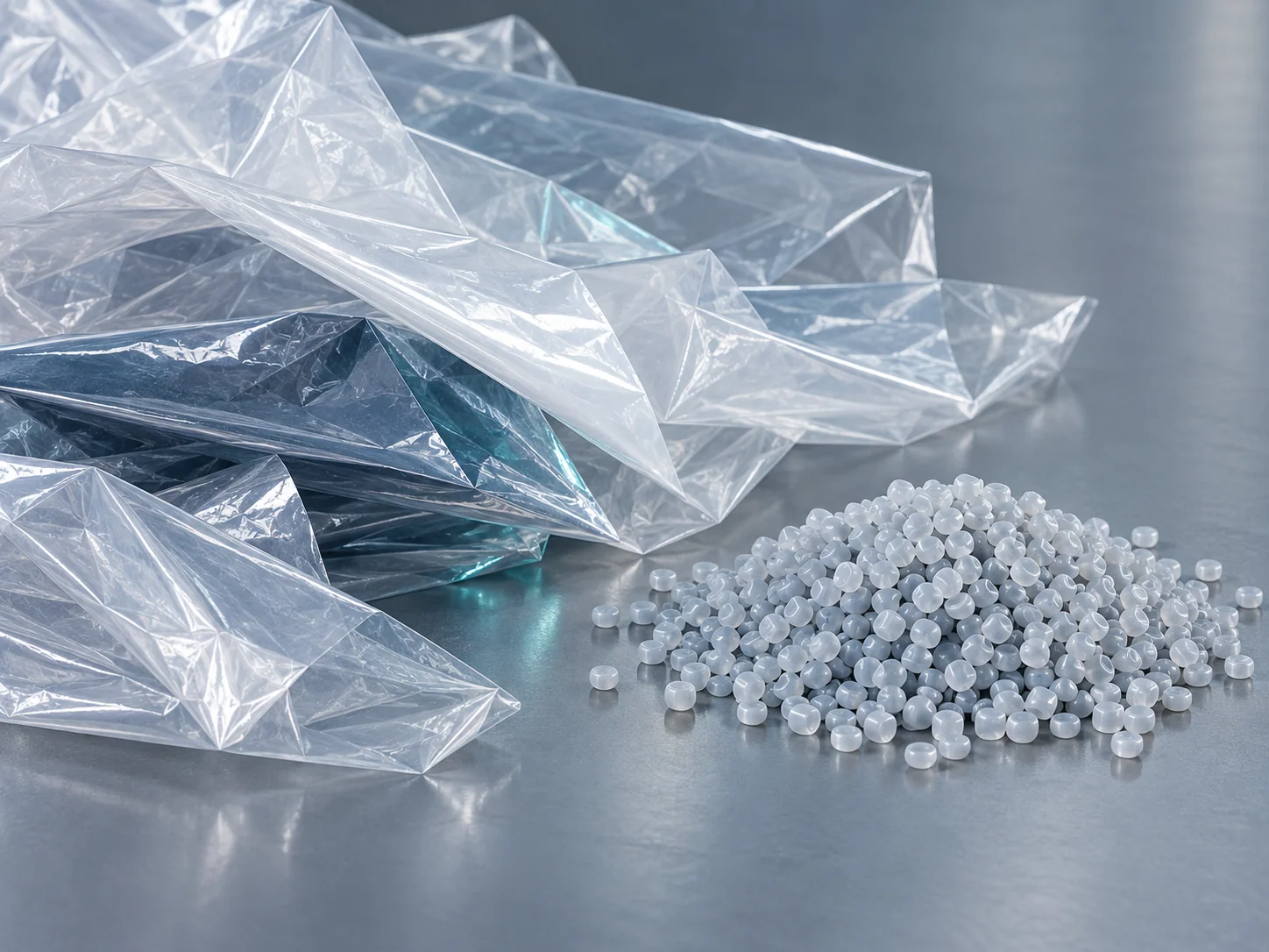 Translucent flexible plastic film and small recycled polymer pellets