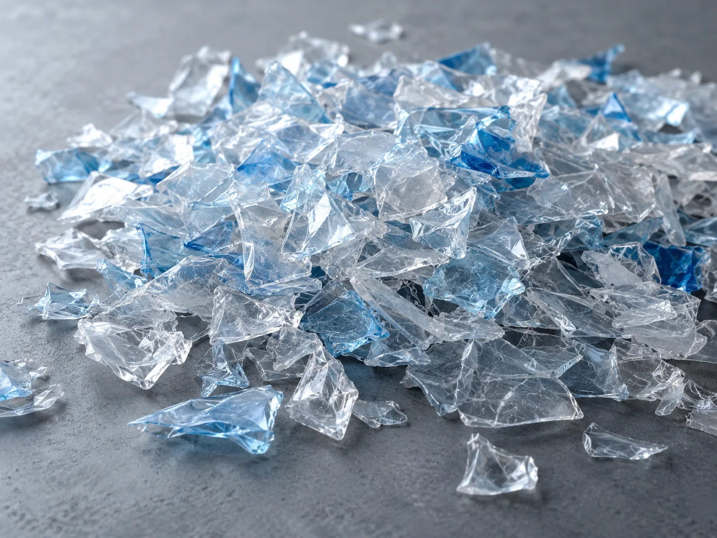 Clear irregular PET bottle flakes on a cool neutral surface