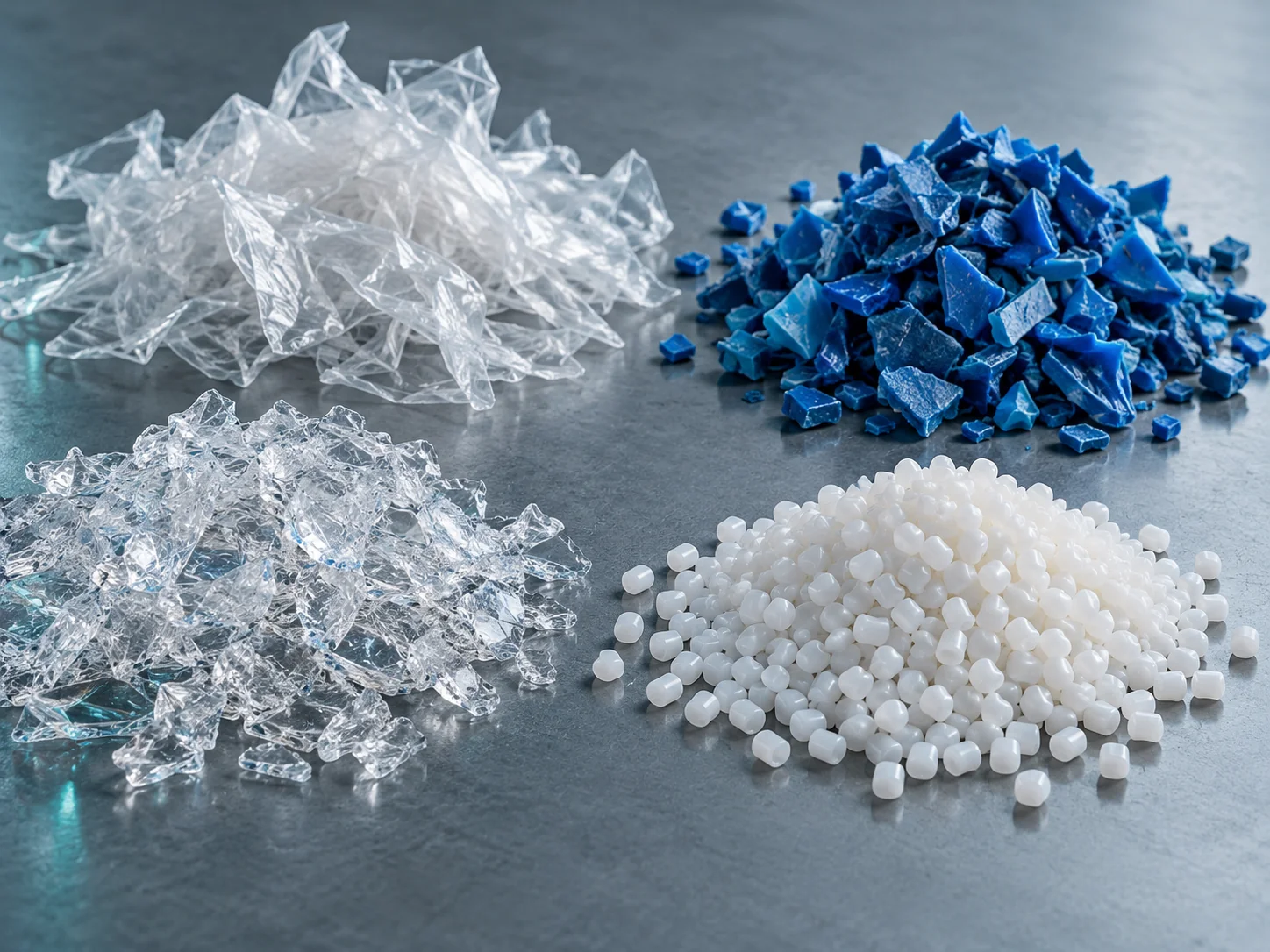Separate samples of PET flakes, flexible film and plastic pellets on a neutral surface