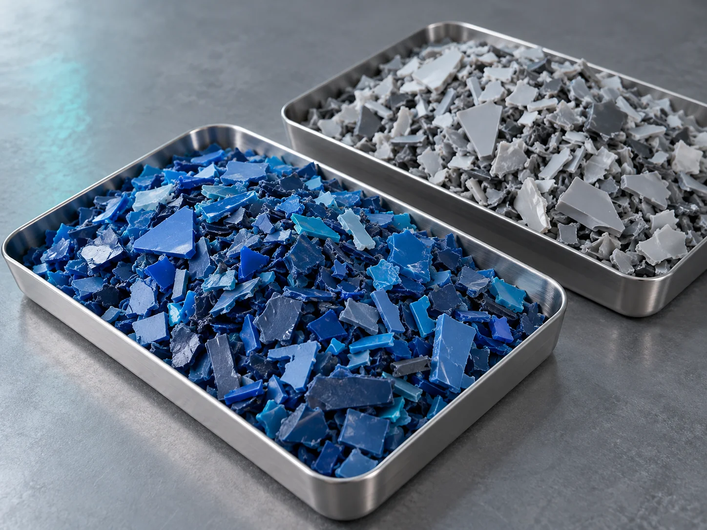 Blue and neutral rigid plastic regrind with irregular cut edges