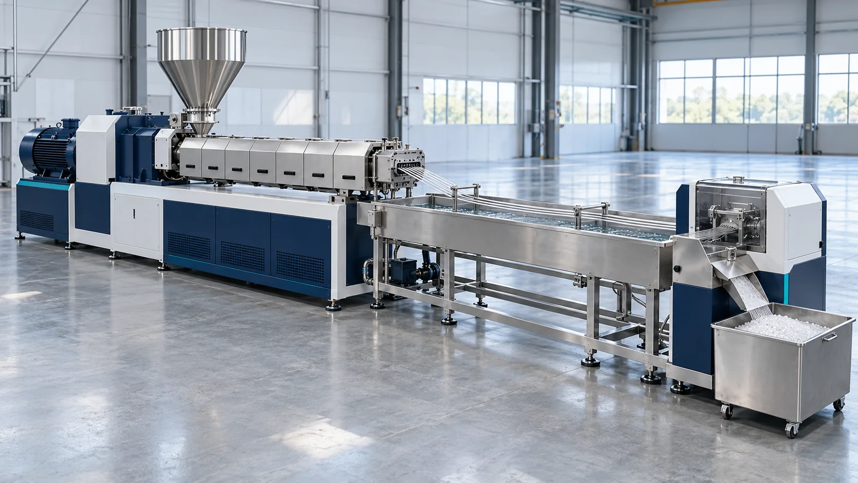 Plastic extrusion line with feed hopper, cooling trough and pellet cutter
