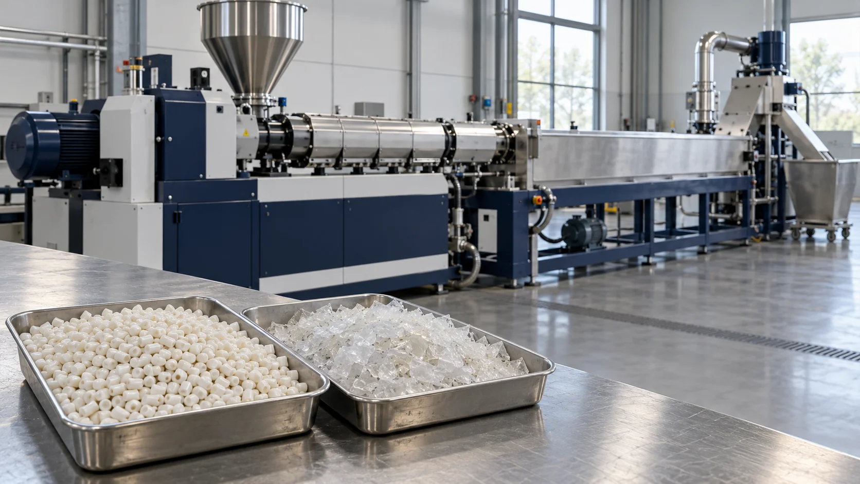 Polymer pellets and clean plastic regrind beside an extrusion and pelletizing line