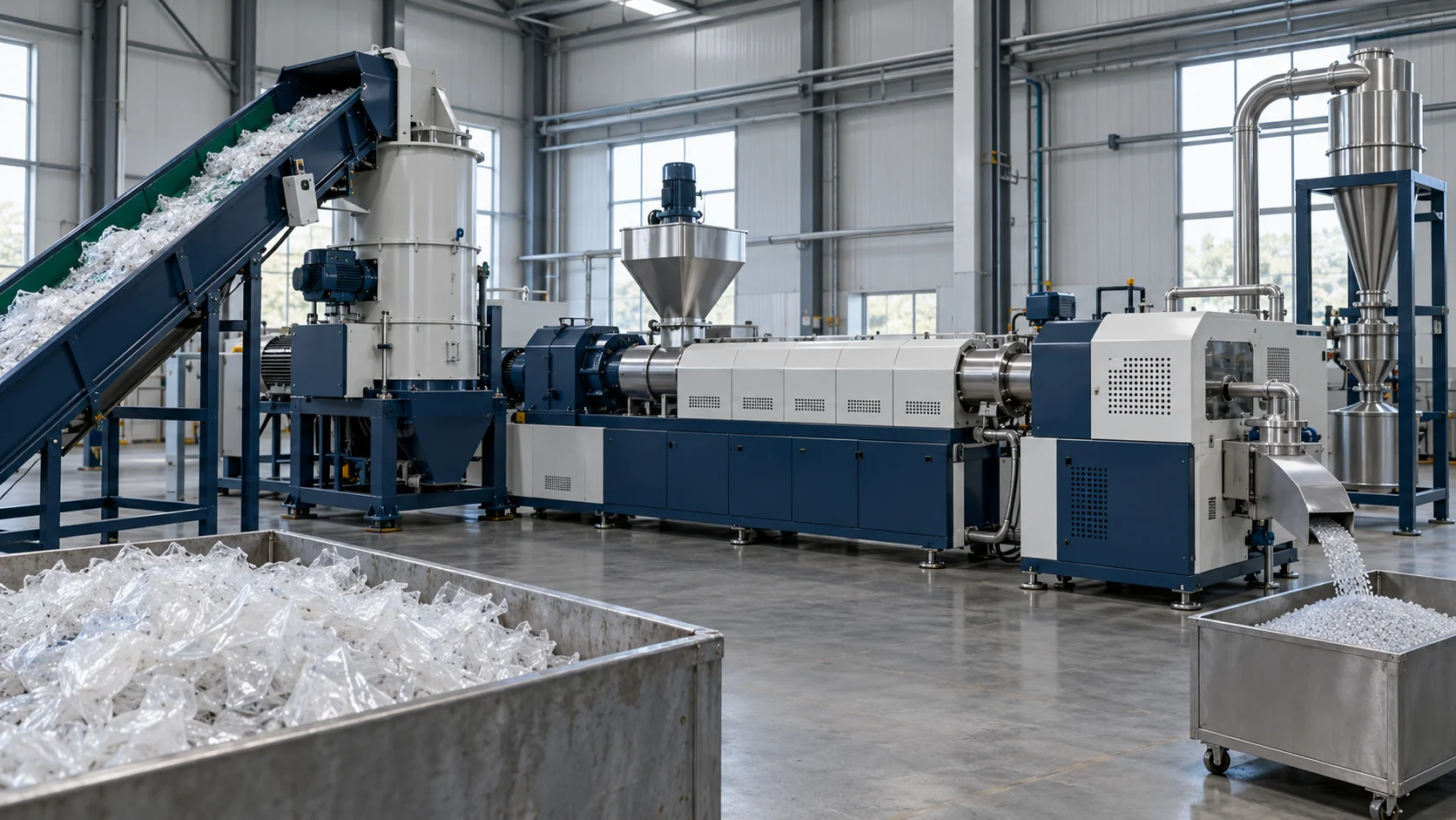 Plastic recycling extrusion line with film feed conveyor and finished polymer pellets