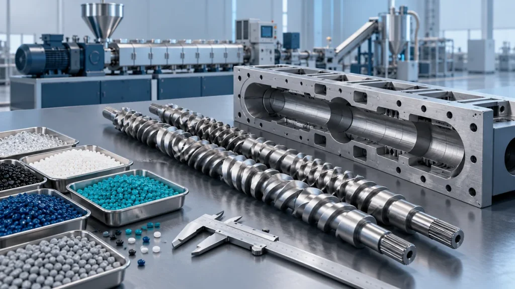 Modular extruder screw shafts, an open barrel section, a caliper and trays of polymer pellets on an engineering workbench.