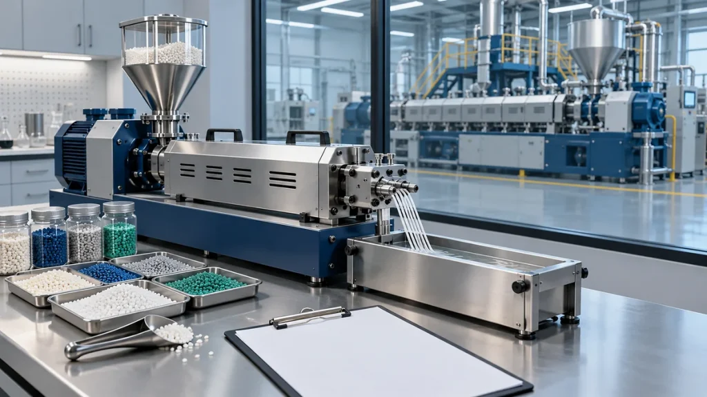Compact laboratory extrusion equipment with sample pellets and a cooling trough, with a larger production line visible behind glass.