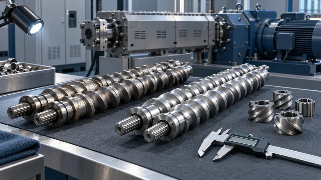 Older and newer extrusion screw shafts on an inspection bench with spare elements, an inspection light and a digital caliper.