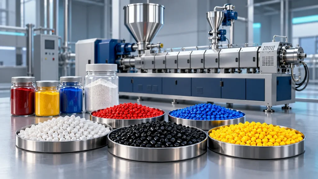 Trays of white, black, red, blue and yellow masterbatch pellets with pigment containers and a conceptual compounding extruder behind.