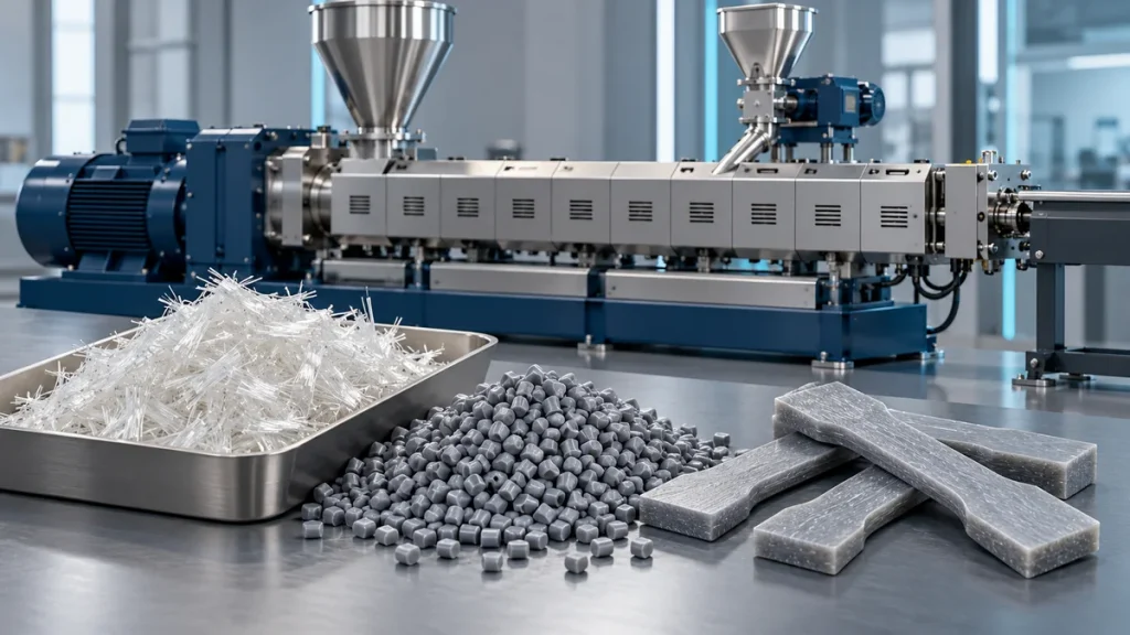 Chopped glass fibres, gray reinforced polymer pellets and test bars arranged in front of a conceptual twin screw compounding line.