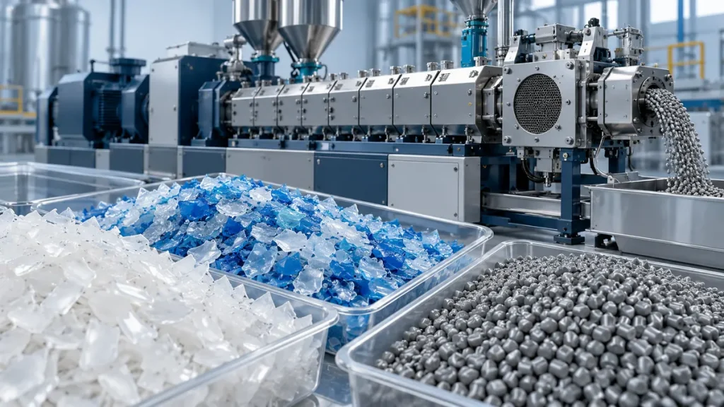 Sorted white and blue plastic flakes and gray recycled pellets beside conceptual extrusion and filtration equipment.