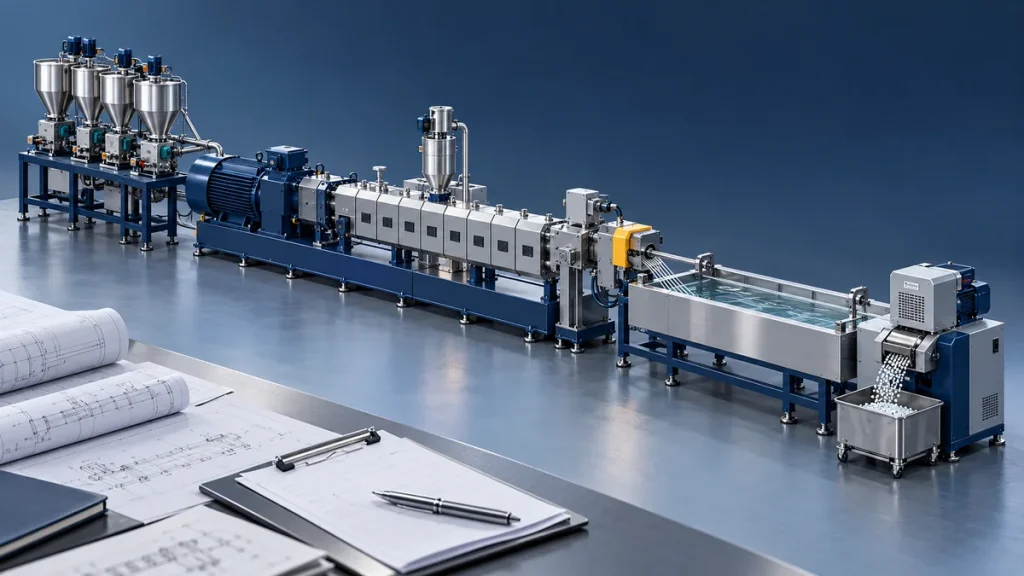 Conceptual twin screw compounding line with feeding, extrusion, cooling and pelletizing modules beside engineering paperwork.