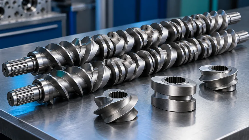 Two modular extruder screw shafts with helical conveying sections and kneading elements beside separate machined screw components.